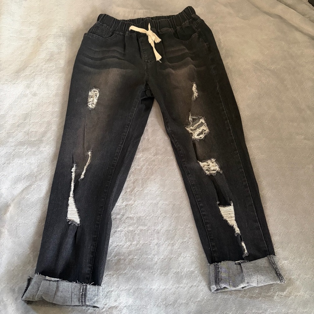 Distressed Black Jeans with Drawstring